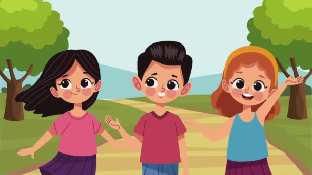Маленькие Дети Пейзаже Счастливые Персонажи Видео Анимированные — стоковое видео