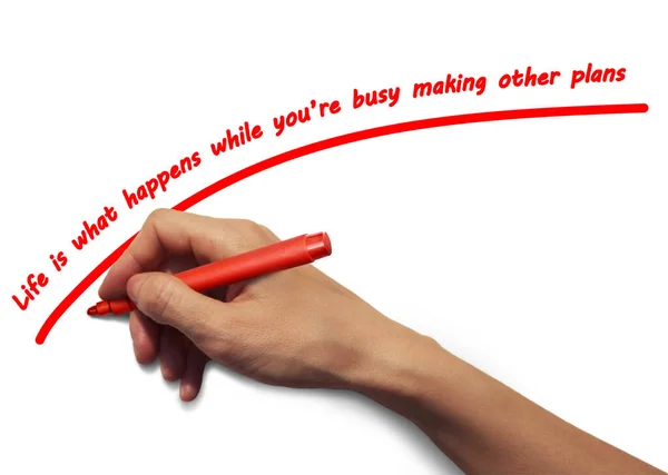 Uma Mão Com Marcador Vermelho Escreve Uma Inscrição Vermelho — Fotografia de Stock