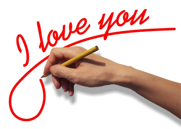 Uma Mão Com Lápis Escreve Uma Inscrição Vermelho — Fotografia de Stock