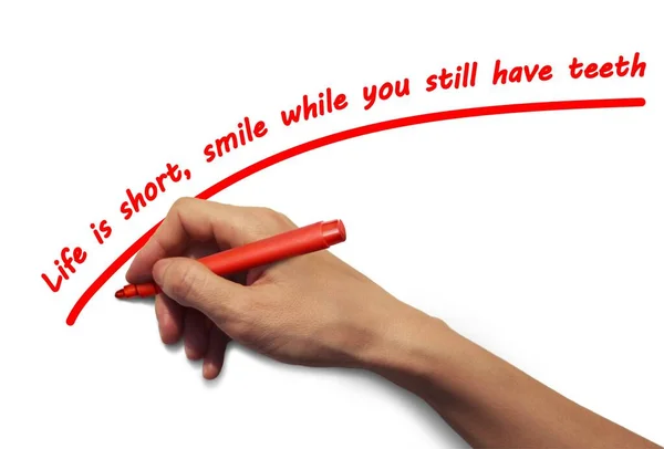 Una Mano Con Marcador Rojo Escribe Una Inscripción Rojo — Foto de Stock