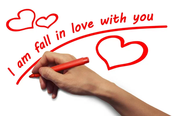 Ręka Czerwonym Markerem Pisze Czerwono Napis Miłości — Zdjęcie stockowe