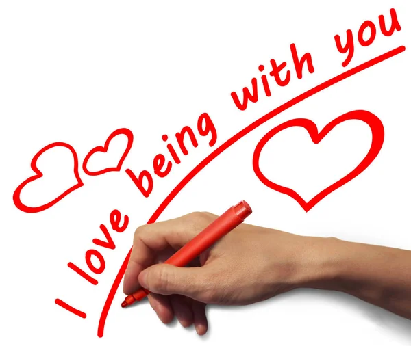 Uma Mão Com Marcador Vermelho Escreve Vermelho Inscrição Sobre Amor — Fotografia de Stock