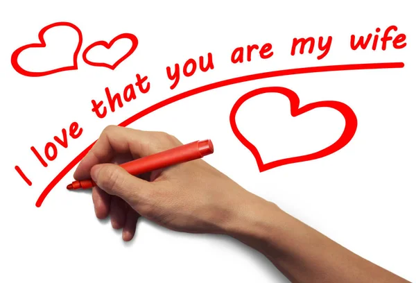 Hand Red Marker Writes Red Inscription Love — Stock Photo, Image