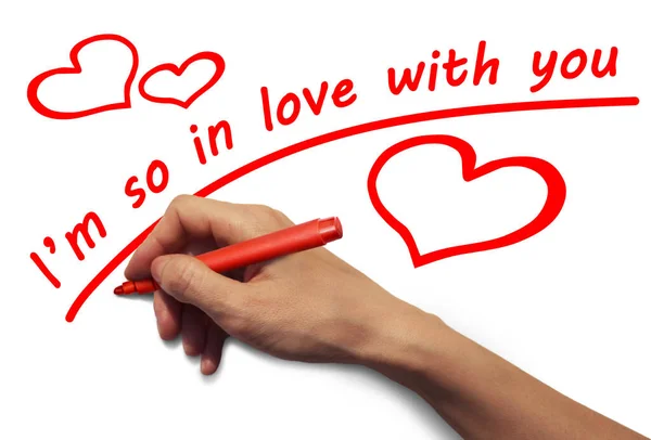 Ręka Czerwonym Markerem Pisze Czerwono Napis Miłości — Zdjęcie stockowe