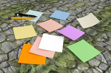 Masaya kalem ve kalemle yapıştırıcı Notlar - 3D illüstrasyon