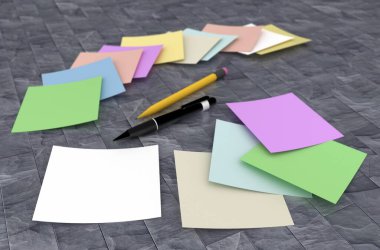 Masaya kalem ve kalemle yapıştırıcı Notlar - 3D illüstrasyon