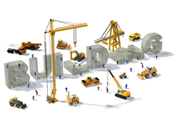 Trabalhadores Técnicos Miniatura Estão Construindo Palavra Edifício Feita Concreto Imagem — Fotografia de Stock