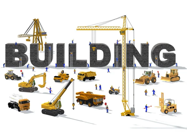 Trabajadores Técnicos Miniatura Están Construyendo Palabra Edificio Hormigón Imagen — Foto de Stock