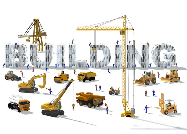 Miniature Workers Technicians Building Word Building Made Concrete Image — Stock Photo, Image