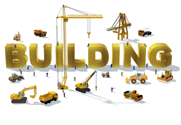 Miniature Workers Technicians Building Word Building Made Concrete Image — Stock Photo, Image