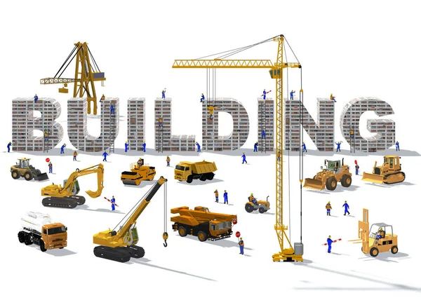 Trabalhadores Técnicos Miniatura Estão Construindo Palavra Edifício Feita Concreto Imagem — Fotografia de Stock