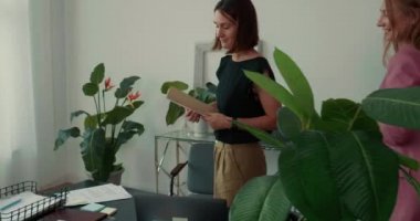 Sağlıklı bir iş yeri. İki güzel pozitif beyaz iş kadını modern moda ofis masasında birlikte konuşuyorlar. Pozitif atmosfer, çekici bayan patron müdür yardımcısıyla konuşuyor..