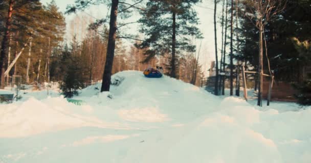 Зимовий сніг веселий. Радісна красива щаслива 20-річна жінка катається на надувних санях на сонячному лісовому пагорбі повільний рух . — стокове відео