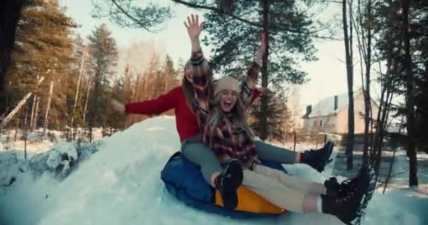 Ağır çekimde, iki güzel, heyecanlı mutlu kadın kollarını kaldırmış güneşli kar ormanı yamacında kameraya doğru kayıyor. — Stok video