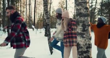 Çok ırklı arkadaşlardan oluşan mutlu bir grup, karlı kış orman yolunda yürüyor, birlikte eğlenceli bir hafta sonu tatili geçiriyorlar..