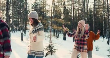 Kış tatilinin tadını çıkarıyorum. Mutlu, çeşitli arkadaşlar, muhteşem, derin kar ormanları yolunda birlikte ağır çekimde yürürler..