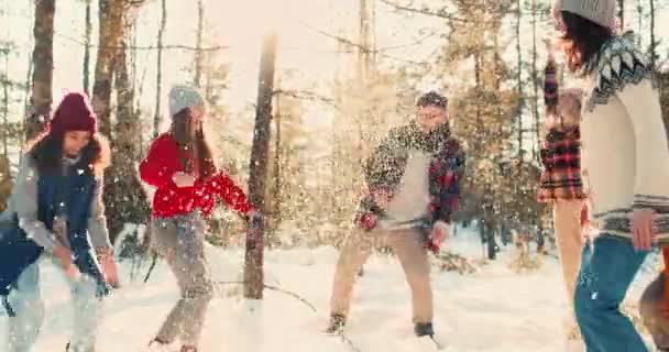 Зимова концепція веселощів. Щаслива група багатоетнічних друзів, які грають зі снігом, кидаючи його в сонячний ліс разом повільний рух — стокове відео