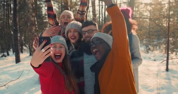 Новогодние праздники Группа веселых мультиэтнических друзей делают селфи в удивительном снежном зимнем лесу замедленной съемки. — стоковое видео