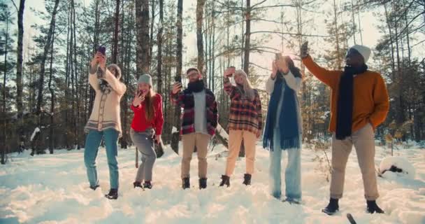 Vício em selfie. Diversão feliz multiétnico pessoas tirar fotos de telefone individuais em ensolarado neve floresta inverno câmera lenta. — Vídeo de Stock