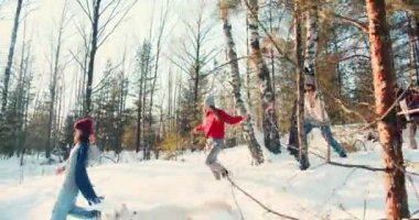 Idyllic kış eğlencesi. Mutlu bir grup arkadaş haftasonu ağır çekimde köpekle karlı, güneşli orman yolunda koşar.