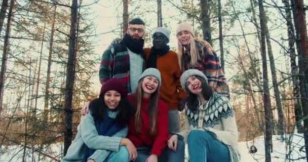 Concepto de vacaciones de invierno. Feliz grupo de amigos multiétnicos posando en cámara en el soleado bosque nevado juntos cámara lenta. — Vídeo de stock