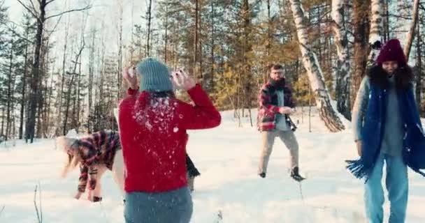 雪合戦だ。幸せな多民族の友人の興奮した楽しいグループは、素晴らしい晴れた冬の森のスローモーションで休日を楽しむ — ストック動画