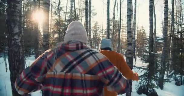 Camera urmărește distracție entuziasmat fericit prieteni care rulează prin rece pădure de iarnă zăpadă pe soare Anul Nou vacanță lent mișcare. — Videoclip de stoc