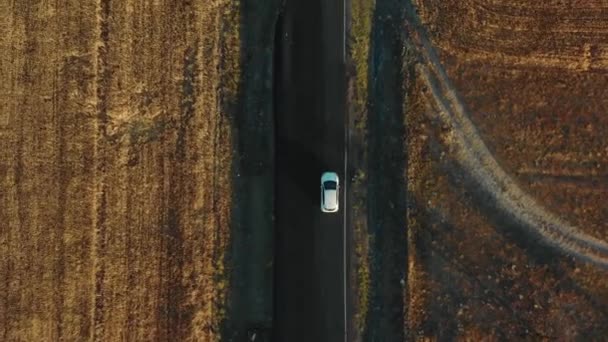 Drone tracking, inzoomen op witte auto bewegend langs prachtige snelweg in zonnig landbouwgebied. Reis langs de weg. — Stockvideo