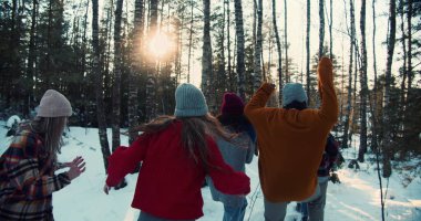 Kamera, bir grup heyecanlı mutlu arkadaşı, güneşli Noel tatilinde karlı kış ormanlarında ağır çekimde koşarken takip ediyor..
