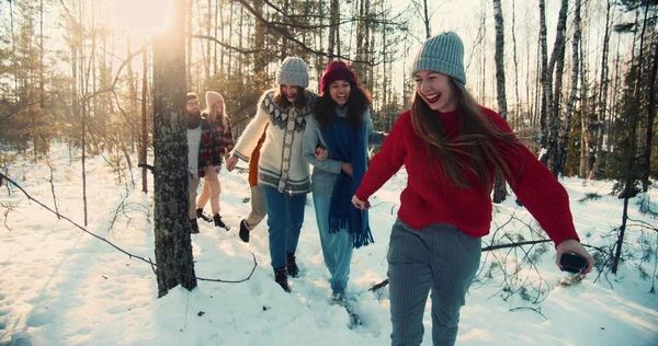 Feliz grupo de sonrientes amigos multiétnicos caminar a lo largo de nieve sendero bosque de invierno en vacaciones fin de semana cámara lenta. Imagen De Stock