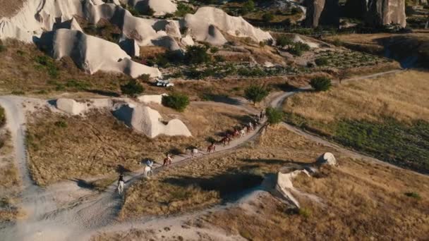 Beautiful wide aerial background, column of horse riders moving slowly along sunny rocks on tour in summer Cappadocia. — Video Stock