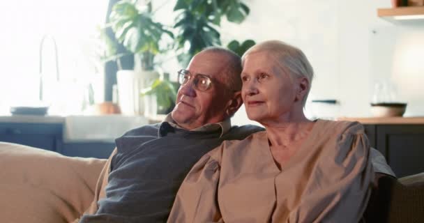 Hope concept. Portrait of happy serene retired 60s senior husband and wife smiling sitting on couch at light cozy home. — 图库视频影像