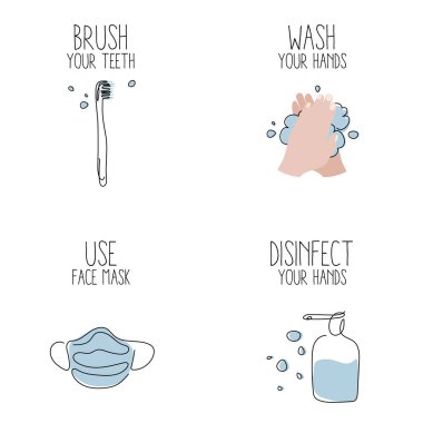 Bu sağlıklı simgelerden oluşan bir vektör kümesi. Bu sette bir ikon var: dişlerinizi fırçalayın, ellerinizi yıkayın, yüz maskesi kullanın ve ellerinizi dezenfekte edin. Tıbbi ya da banyo bilgileri ana hatlarıyla çizilmiş.