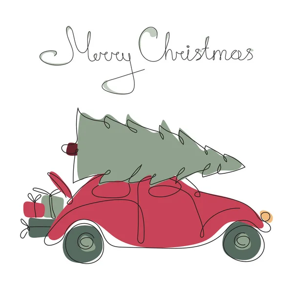 这是一个典型的红色小车交付在屋顶圣诞树和礼品盒的例证 并得到了字母快乐的圣诞节 这个可爱的矢量插图是用线条艺术风格制作的 — 图库矢量图片