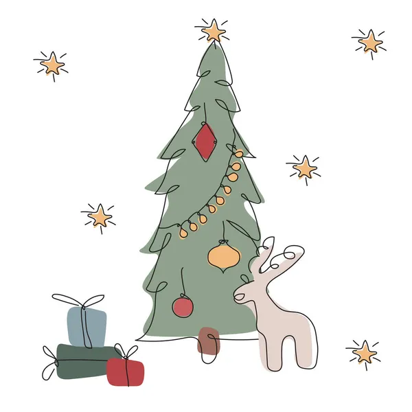 God julgran med prydnader och dekoration rådjur. Vektorn iIllustration lycklig vinter tid i en linje stil — Stock vektor