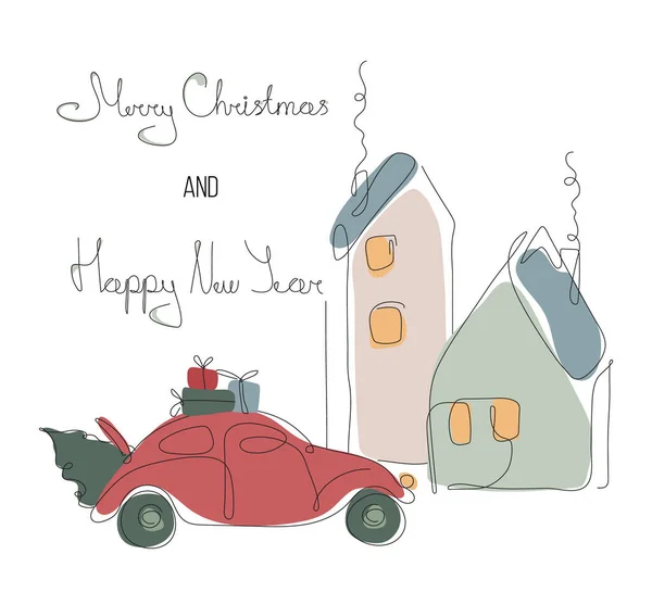 Feliz Navidad letras y vector iIllustration coche rojo retro llevar árbol y regalo, cerca de la casa nórdica. El feliz invierno en un estilo de línea — Archivo Imágenes Vectoriales