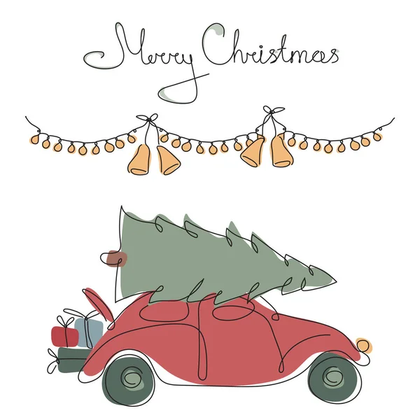 Vector retro coche rojo llevar árbol, regalo y letras Feliz Navidad. El invierno feliz iIllustration en un estilo de línea — Archivo Imágenes Vectoriales