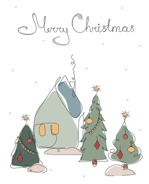 Feliz Navidad letras y paisajes tradicionales Casa de Navidad, árbol de fuego. El vector iIllustration feliz tiempo de invierno en un estilo de línea — Archivo Imágenes Vectoriales