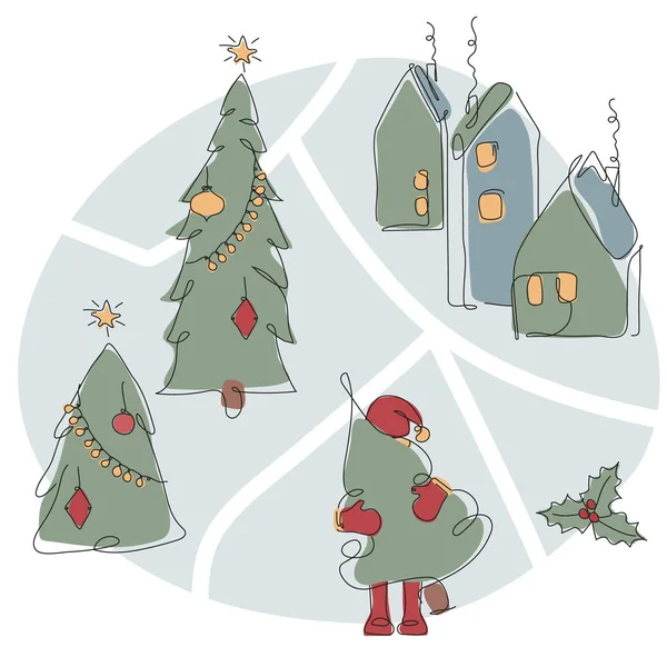 Mapa da paisagem de Natal com Papai Noel, árvore de fogo e casa da aldeia escandinava. O vetor Xmas iIllustration tempo de inverno feliz em um estilo de linha — Vetor de Stock