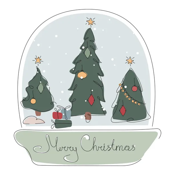 Bola de nieve de Navidad con paisajes, árbol de fuego, regalos y letras Feliz Navidad. El vector iIllustration feliz tiempo de invierno en un estilo de línea. — Archivo Imágenes Vectoriales