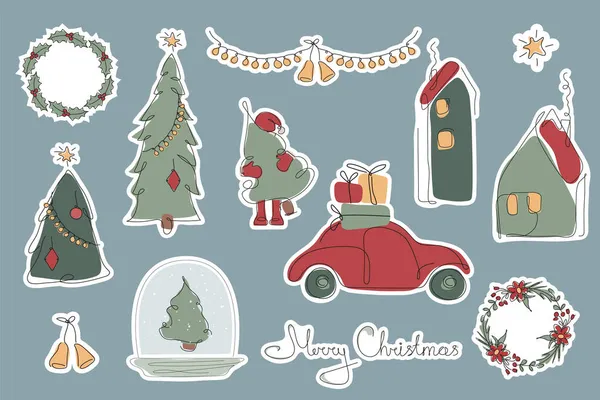 Xmas tradição inverno definir adesivos com elementos: caixa de presente, Papai Noel, árvore de fogo, casa, globo de neve, carro vermelho e letras Feliz Natal — Vetor de Stock