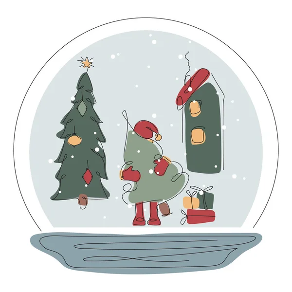 Tradição bola de neve de Natal com árvore de xmas paisagem, casa de campo nórdica, Papai Noel e presentes. O vetor iIllustration tempo de inverno feliz em estilo de arte de design plano — Vetor de Stock