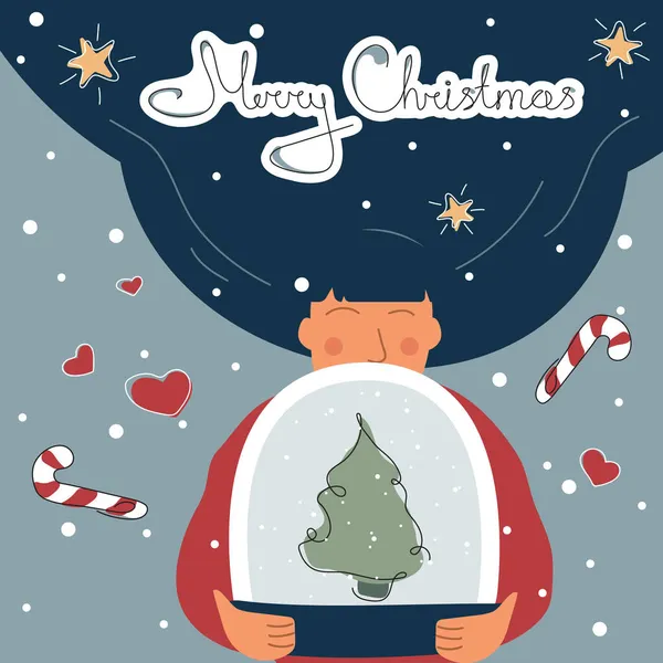 Chica de Navidad celebrar una bola de nieve con letras Feliz Navidad. El vector iIllustration feliz tiempo de invierno en un estilo de línea — Archivo Imágenes Vectoriales