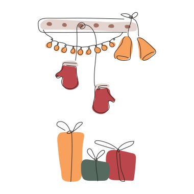 Zili, eldivenleri ve hediye kutusuyla mutlu noel karikatürü tutucusu. Konsept vektörü iIllustration Tek satırlık mutlu kış zamanları