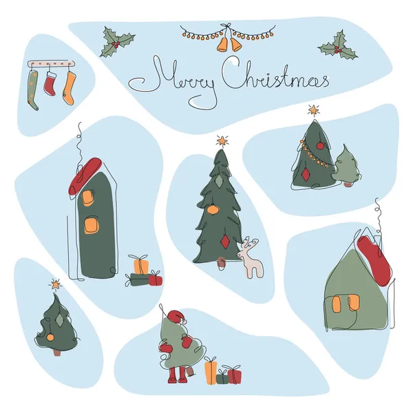 Mapa de Natal com paisagem de desenhos animados, Papai Noel, árvore de fogo e casa de aldeia escandinava. O vetor Xmas iIllustration tempo de inverno feliz em um estilo de linha — Vetor de Stock
