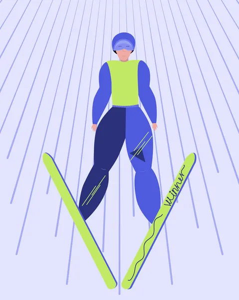 Joven deportista saltando de esquí, y volar rápido. El vector ilustración juego de deportes de invierno en el diseño plano estilo de arte — Vector de stock