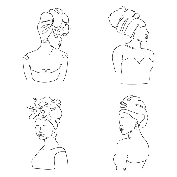 Tatuaż zestaw afrykańskiej, American Avatar sylwetka kobiety Wektor ilustracji w jednej linii sztuki — Wektor stockowy