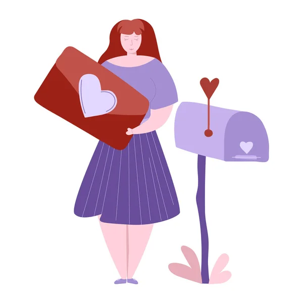 Flickan har ett presentkort nära brevlådan. Alla hjärtans dag romantisk vektor illustration — Stock vektor