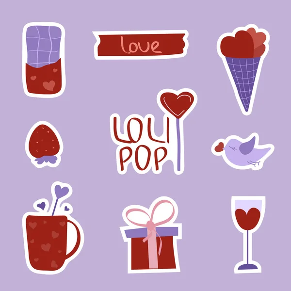 Valentines day set of stickers with gifts, ice cream, cup of hot chocolate, strawberry, glass of wine, lollipop and dove. Vector illustration for february 14 gift card — Stockvektor