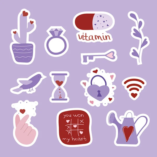 Valentines day set of stickers with cactus, plant, diamond ring, key, lock, hourglass, watering can, wi-fi and dove. Vector illustration for february 14 gift card Very Peri colors — Stok Vektör